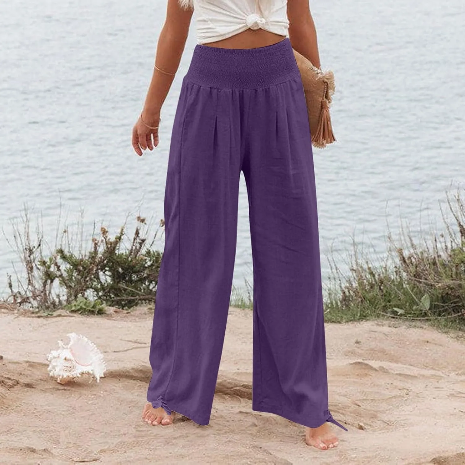 Women Linen Palazzo Pants High Waisted Wide Leg Trousers Comfy Elastic Waist Lounge Pants Beach Vacation Outfits