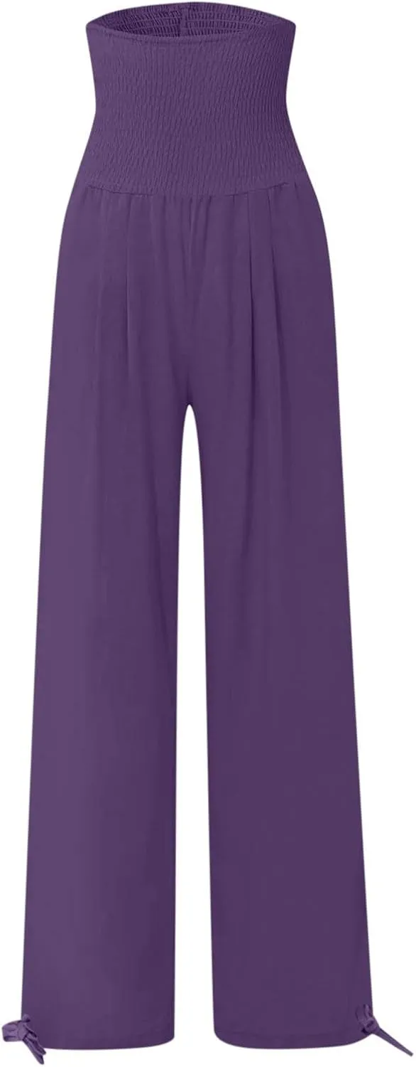 Women Linen Palazzo Pants High Waisted Wide Leg Trousers Comfy Elastic Waist Lounge Pants Beach Vacation Outfits