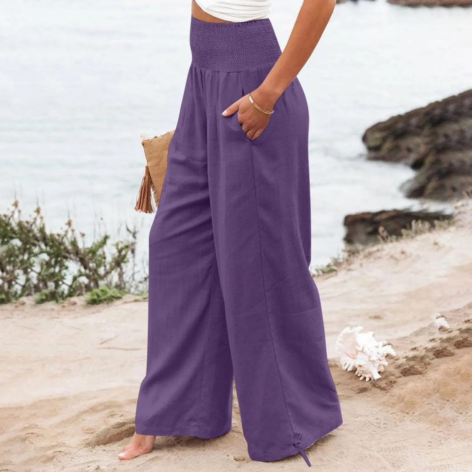 Women Linen Palazzo Pants High Waisted Wide Leg Trousers Comfy Elastic Waist Lounge Pants Beach Vacation Outfits