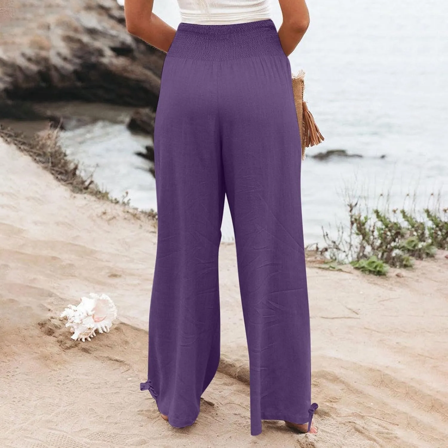 Women Linen Palazzo Pants High Waisted Wide Leg Trousers Comfy Elastic Waist Lounge Pants Beach Vacation Outfits