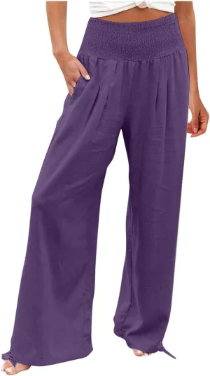 Women Linen Palazzo Pants High Waisted Wide Leg Trousers Comfy Elastic Waist Lounge Pants Beach Vacation Outfits