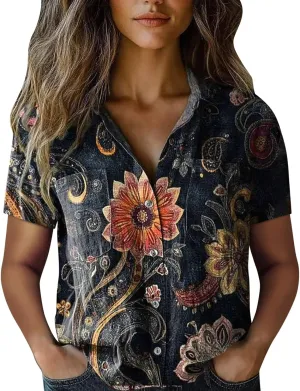 Women Linen Shirts Button Down Vintage Boho Paisley Print Breathable V Neck Collared Gauze Tops Fashion Lightweight 2025