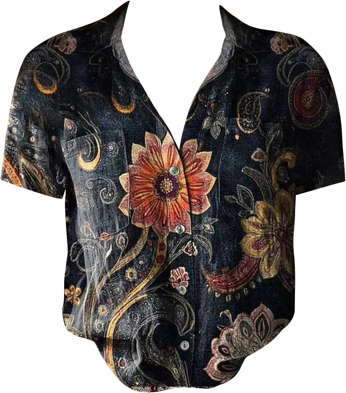 Women Linen Shirts Button Down Vintage Boho Paisley Print Breathable V Neck Collared Gauze Tops Fashion Lightweight 2025