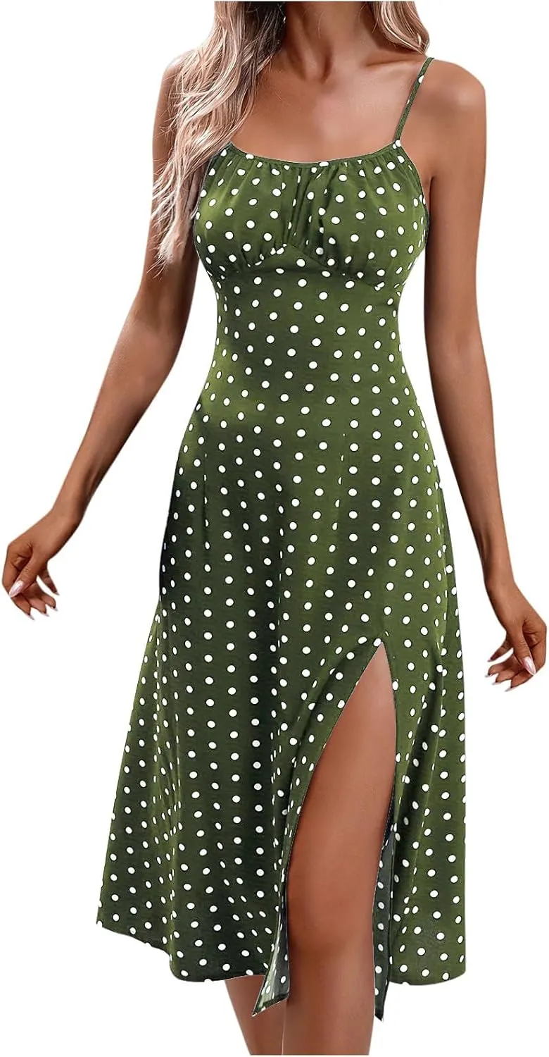 Women Polka Dot Spaghetti Strap Dresses Beach Vacation Sundresses 2024 Causal Slit Midi Dress Trendy Boutique Clothes