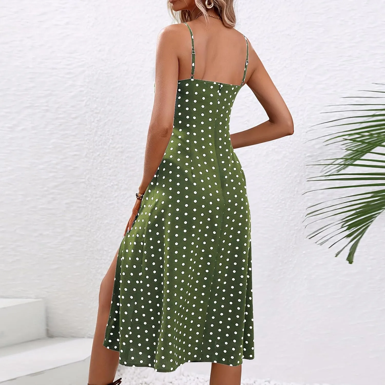 Women Polka Dot Spaghetti Strap Dresses Beach Vacation Sundresses 2024 Causal Slit Midi Dress Trendy Boutique Clothes