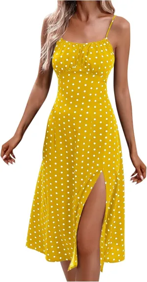 Women Polka Dot Spaghetti Strap Dresses Beach Vacation Sundresses 2024 Causal Slit Midi Dress Trendy Boutique Clothes