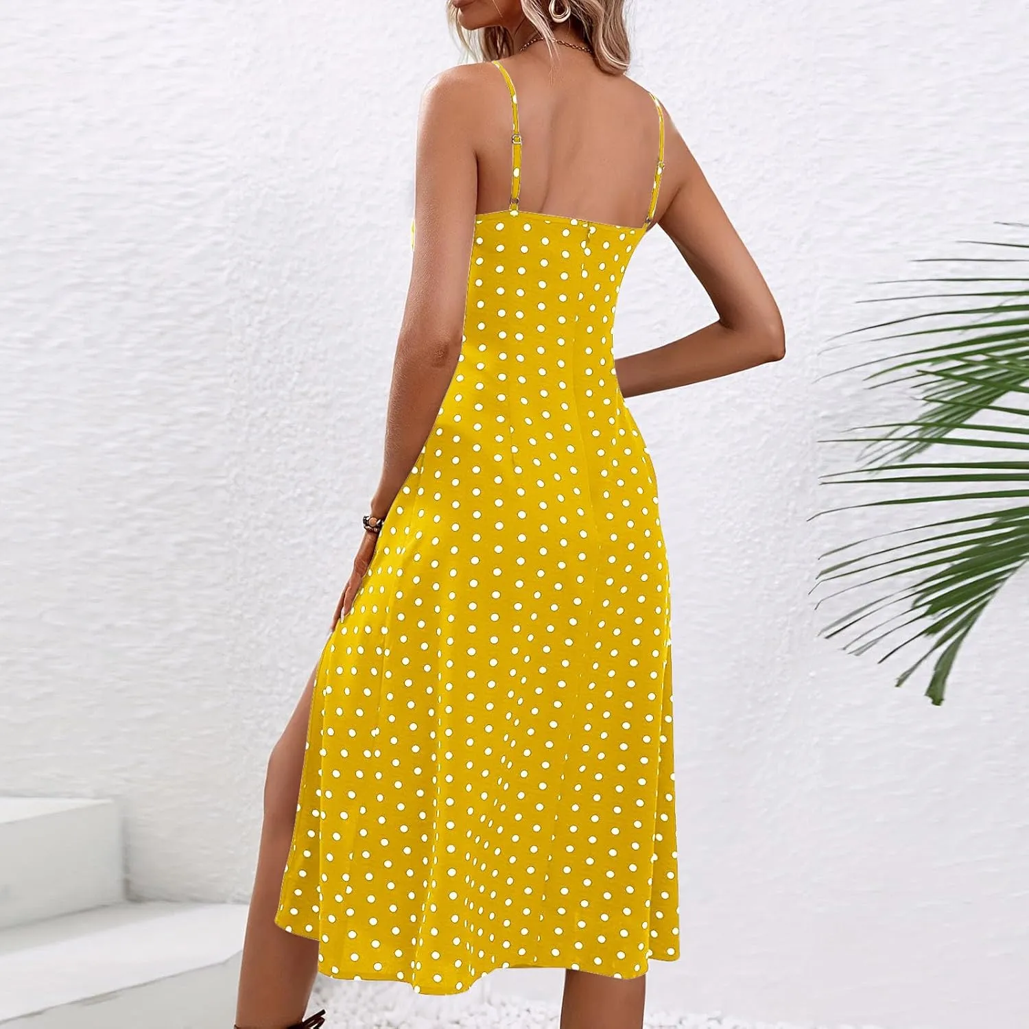 Women Polka Dot Spaghetti Strap Dresses Beach Vacation Sundresses 2024 Causal Slit Midi Dress Trendy Boutique Clothes