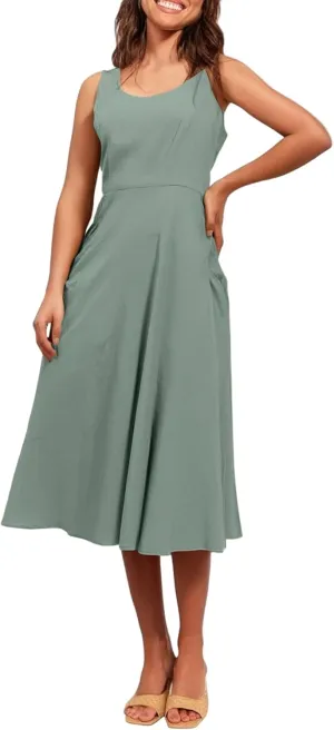 Women Summer Dresses Spaghetti Strap Sleeveless Linen Overall Dress Casual A-Line Midi Long Beach Dress with Pocket