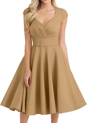 Women's 1950S Vintage Dress Wrap V Neck Cap Sleeve Dress Retro Cocktail Party Swing Dresses A-Line Flared Midi Dress