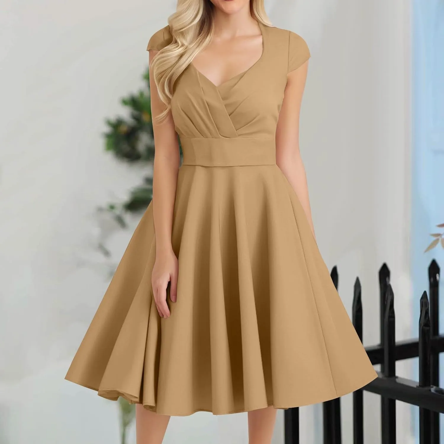 Women's 1950S Vintage Dress Wrap V Neck Cap Sleeve Dress Retro Cocktail Party Swing Dresses A-Line Flared Midi Dress