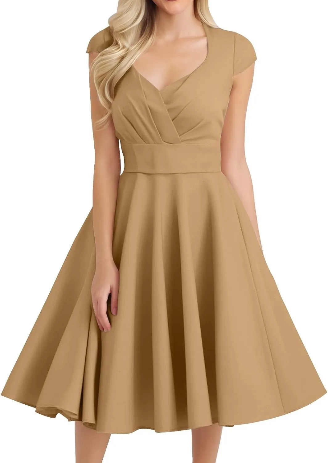 Women's 1950S Vintage Dress Wrap V Neck Cap Sleeve Dress Retro Cocktail Party Swing Dresses A-Line Flared Midi Dress