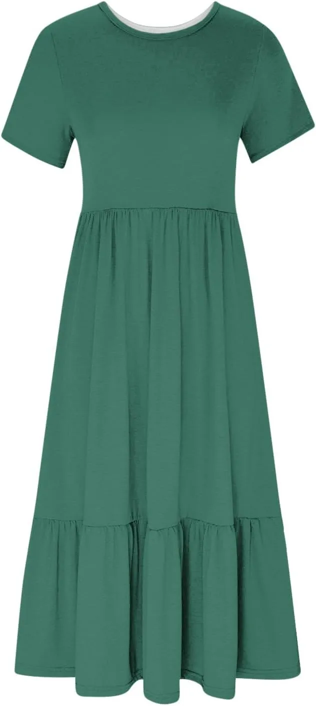 Women's Casual Summer Dresses Puff Sleeve Elegant Wrap Smocked Waist Sundresses Cozy Tiered A-Line Tea Dress for Ladies