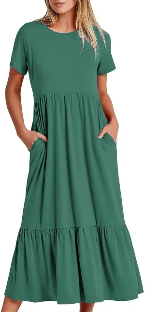 Women's Casual Summer Dresses Puff Sleeve Elegant Wrap Smocked Waist Sundresses Cozy Tiered A-Line Tea Dress for Ladies