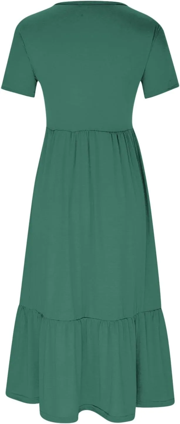 Women's Casual Summer Dresses Puff Sleeve Elegant Wrap Smocked Waist Sundresses Cozy Tiered A-Line Tea Dress for Ladies