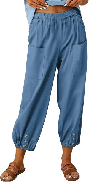 Womens Cotton Linen Casual Capri Elastic High Waisted Loose Lantern Tapered Harem Pants with Pockets