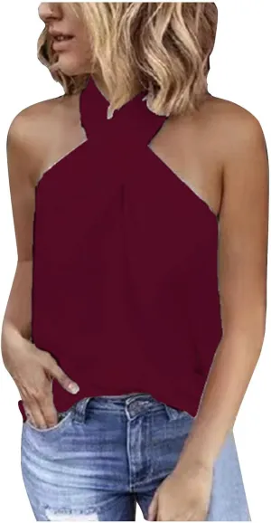 Women's Criss Cross Halter Tank Tops Sleeveless Wrap Summer Blouse Dressy Elegant Casual Tee Shirts Sexy Blouses