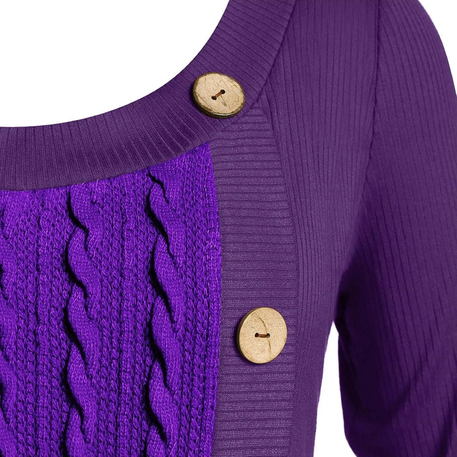 Women's Fall Winter Casual Trendy Dress Long Sleeve Crew Neck Solid Button Fleece Cable Knit Sweater Dresses, L-5XL