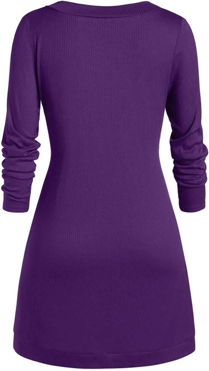 Women's Fall Winter Casual Trendy Dress Long Sleeve Crew Neck Solid Button Fleece Cable Knit Sweater Dresses, L-5XL