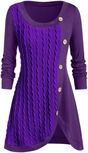 Women's Fall Winter Casual Trendy Dress Long Sleeve Crew Neck Solid Button Fleece Cable Knit Sweater Dresses, L-5XL