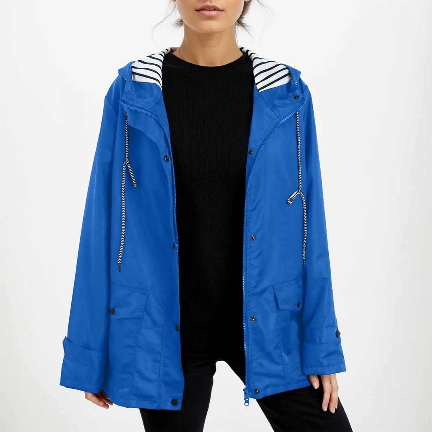 Womens Fashion Hooded Rain Jacket 2024 Lightweight Trench Coat Long Sleeve Windbreaker Zip Up Drawstring Raincoat