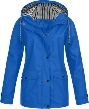 Womens Fashion Hooded Rain Jacket 2024 Lightweight Trench Coat Long Sleeve Windbreaker Zip Up Drawstring Raincoat
