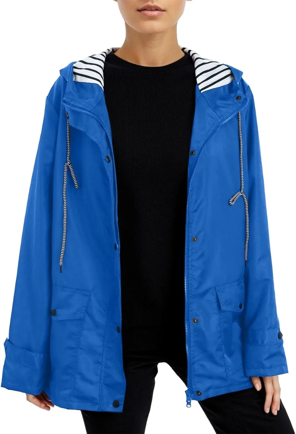 Womens Fashion Hooded Rain Jacket 2024 Lightweight Trench Coat Long Sleeve Windbreaker Zip Up Drawstring Raincoat