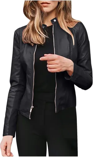 Womens Faux Leather Jacket 2024 Fashion Fall Clothes Zip Up Cropped Jackets Lightweight Motorcycle Biker Coats