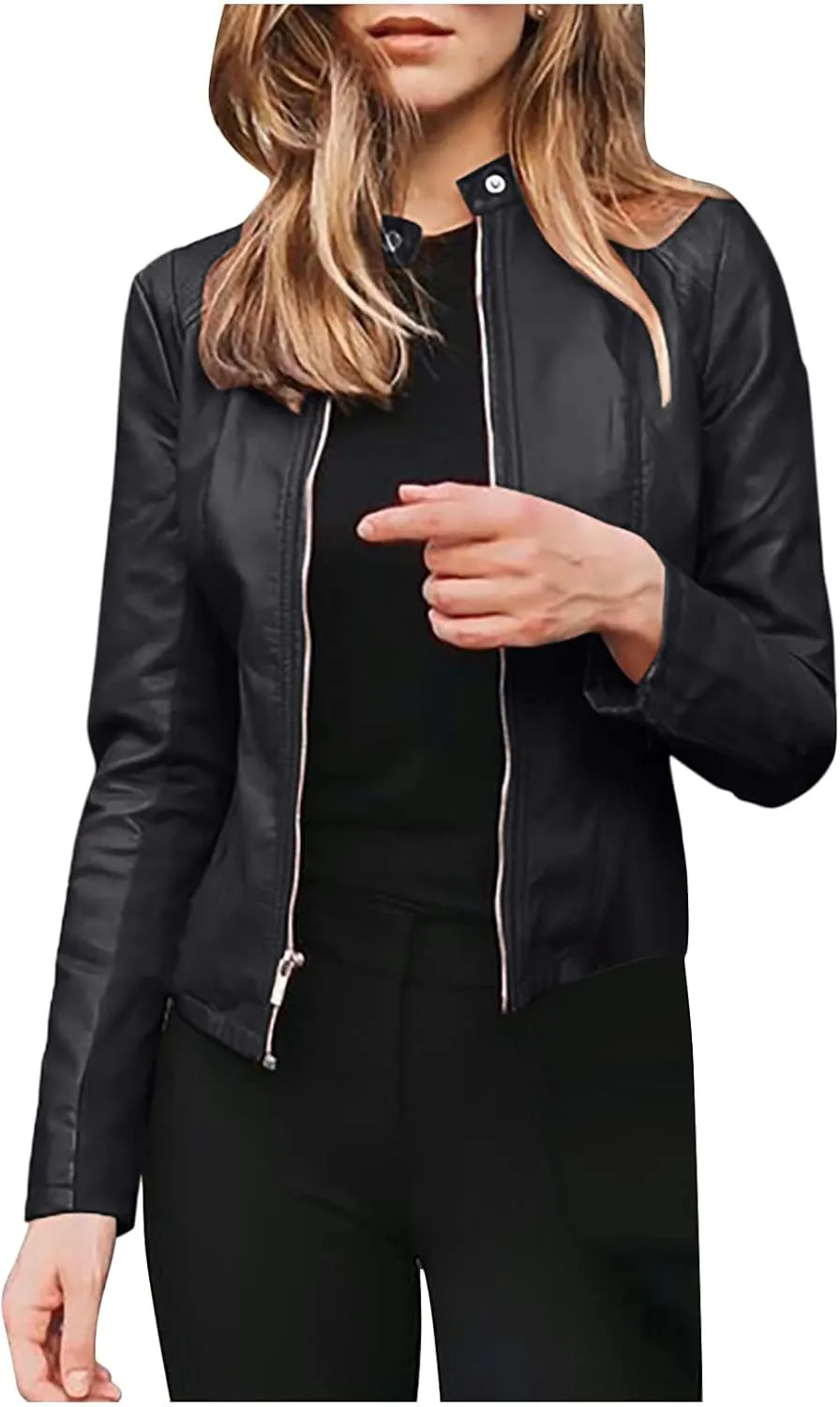Womens Faux Leather Jacket 2024 Fashion Fall Clothes Zip Up Cropped Jackets Lightweight Motorcycle Biker Coats