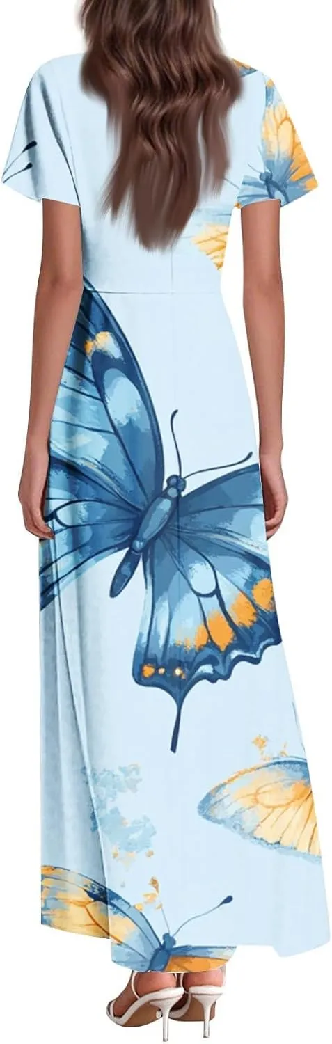Womens Floral Dress Summer Short Sleeve Simple V-Neck Beautiful Beach Belted Retro Flower Leaf Print Dress