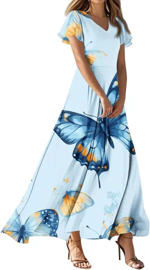 Womens Floral Dress Summer Short Sleeve Simple V-Neck Beautiful Beach Belted Retro Flower Leaf Print Dress