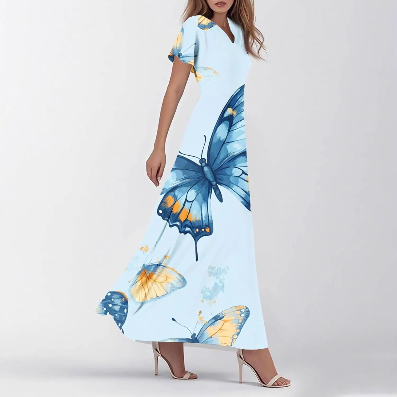 Womens Floral Dress Summer Short Sleeve Simple V-Neck Beautiful Beach Belted Retro Flower Leaf Print Dress