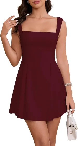 Women's Square Neck Mini Dress Sexy Backless Bow Tie Sleeveless Flare Dress Graduation Short Party Dresses