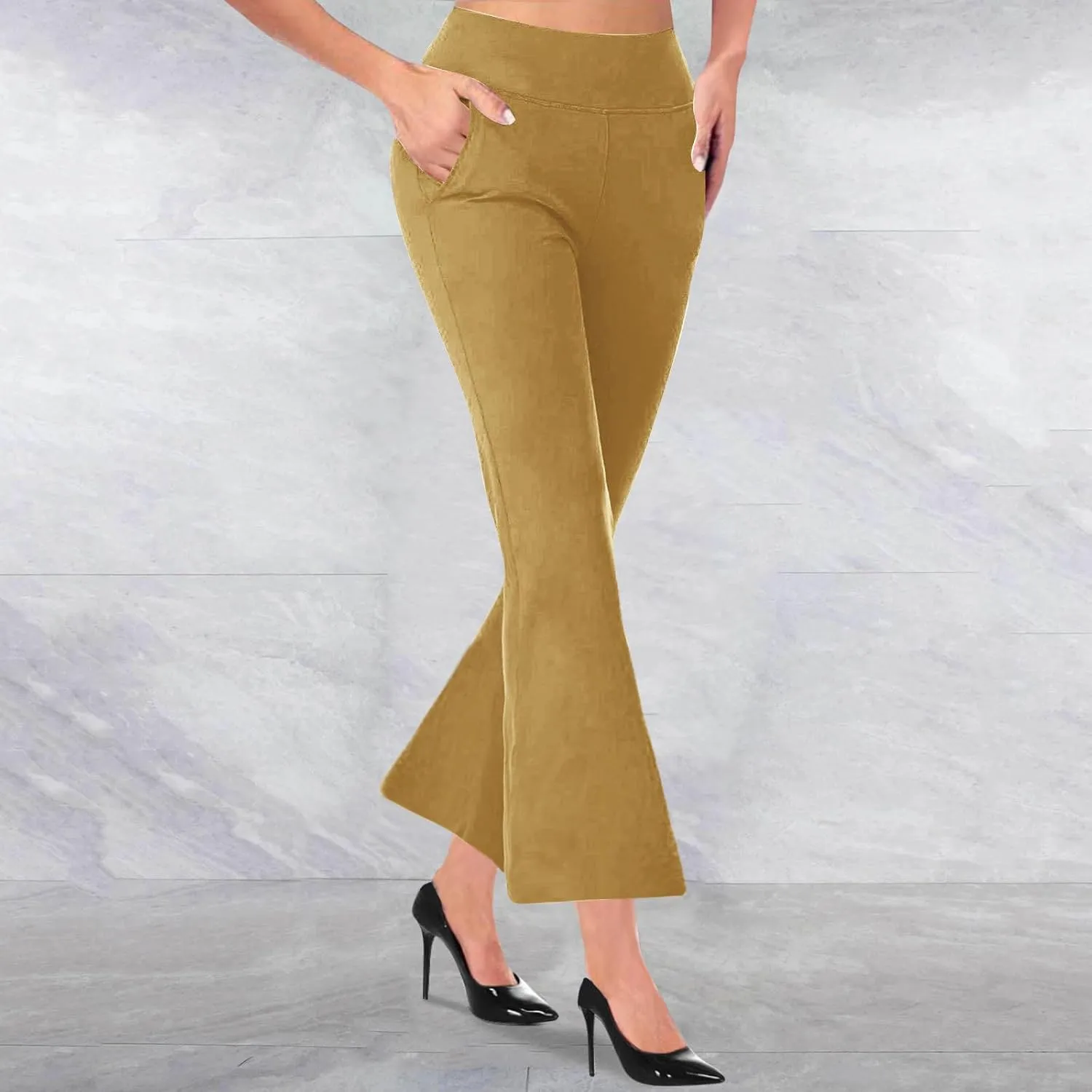 Womens Stretch Bootcut Dress Pants Solid Elastic Waist Pockets Casual Flare Trousers Workout Business Work Suit Pant