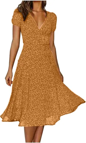 Women's Summer Maxi Dress Casual Wrap Floral Boho Short Sleeve V Neck Split Ruffle Beach Long Dresses