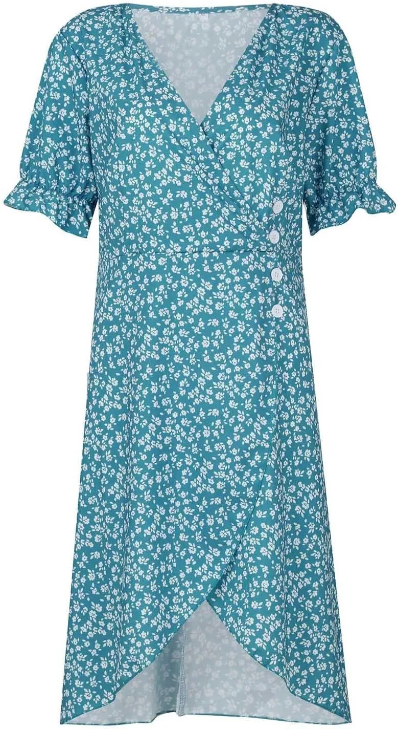 Womens Sundress Summer Floral Short Sleeve Wrap V Neck A-Line Midi Dress 2025 Elegant Flowy Beach Swing Dresses
