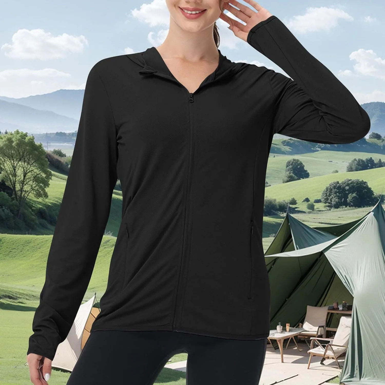 Womens Sunscreen Jacket Hoodies Sweater Long Sleeve Pockets Outdoor Lattice Splicing Pullover Sweatshirts Coats