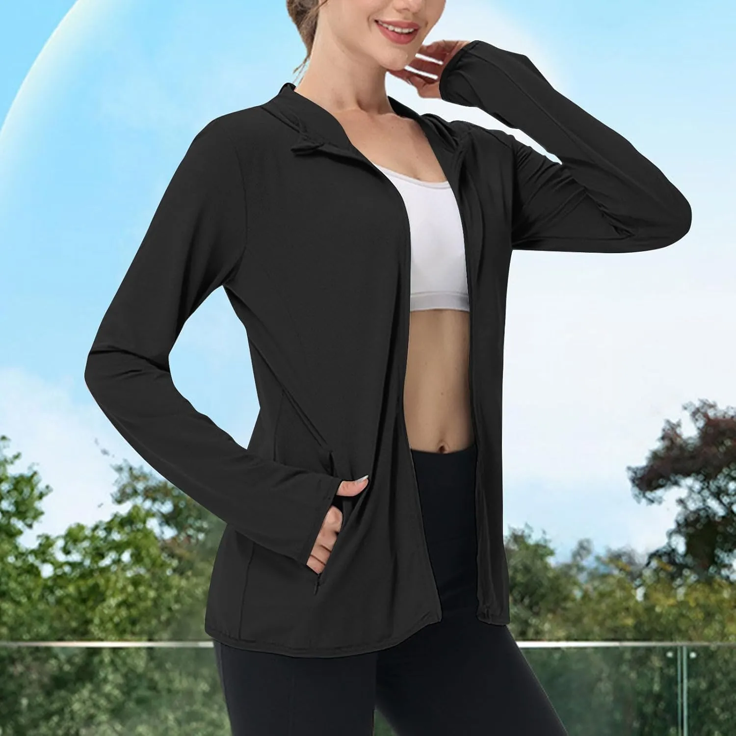 Womens Sunscreen Jacket Hoodies Sweater Long Sleeve Pockets Outdoor Lattice Splicing Pullover Sweatshirts Coats