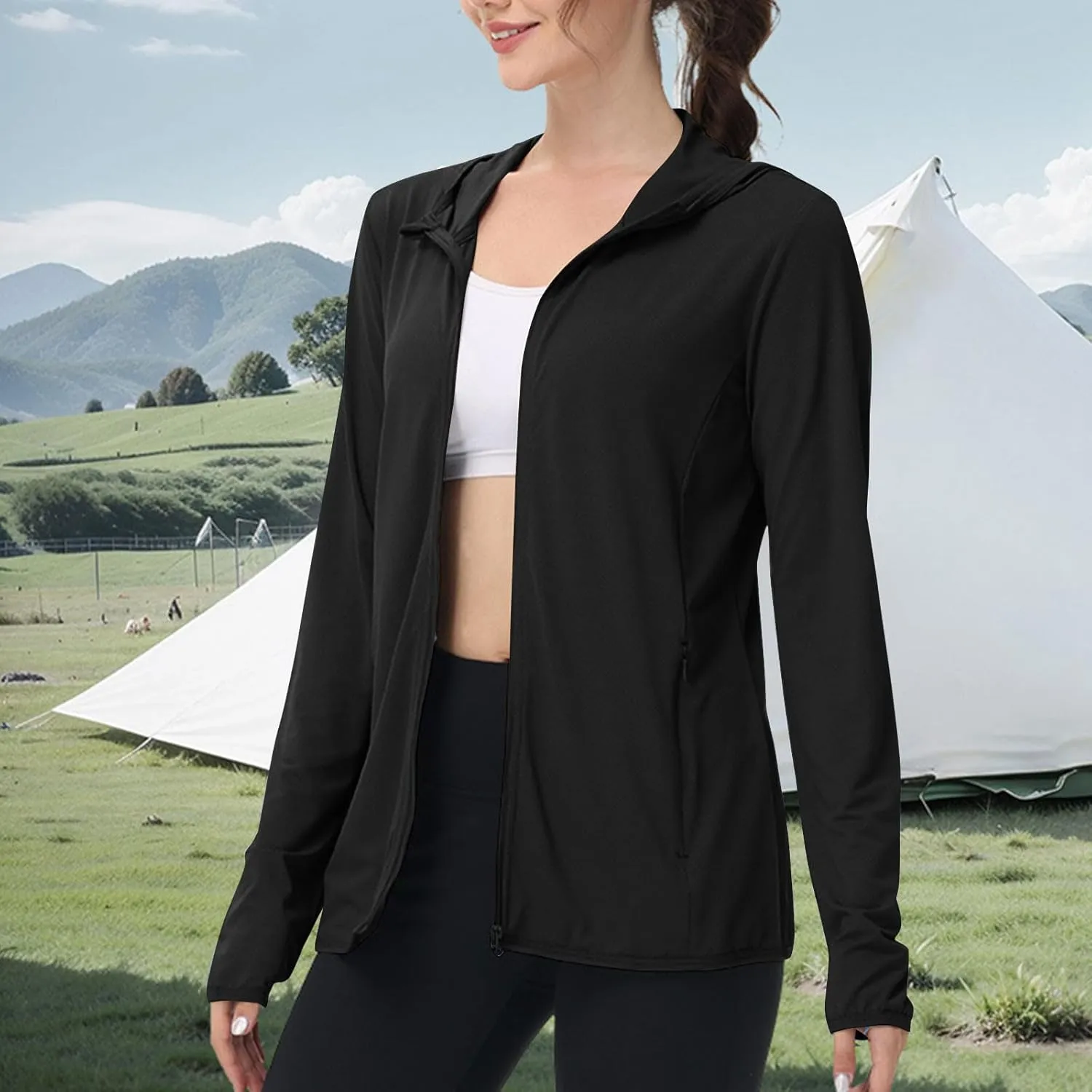 Womens Sunscreen Jacket Hoodies Sweater Long Sleeve Pockets Outdoor Lattice Splicing Pullover Sweatshirts Coats