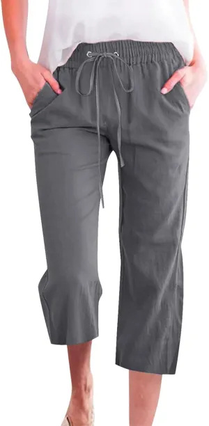 Work Pants Women Solid Color Cotton Linen Elastic Seven Pants Beach Plus Size Trendy Striped Spring Summer Gauze Pants