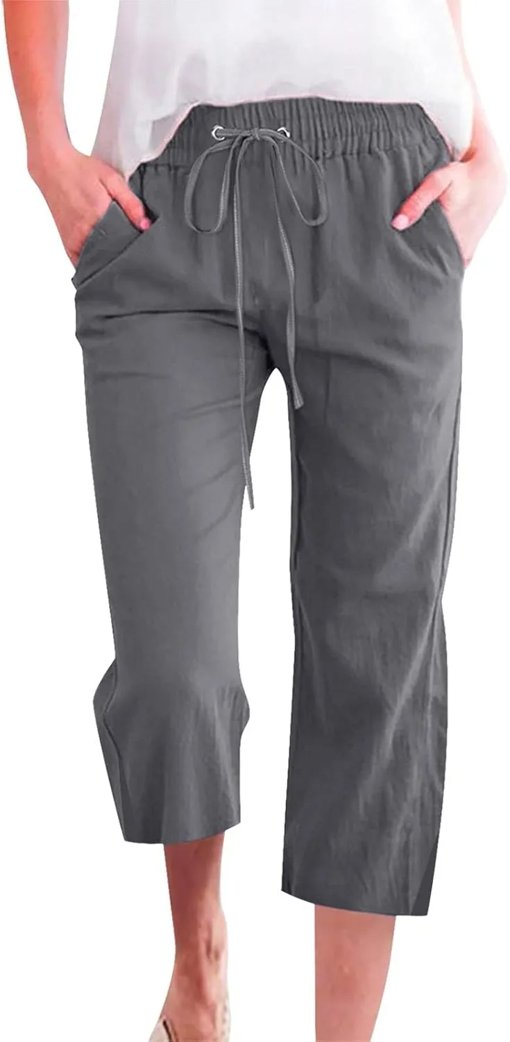 Work Pants Women Solid Color Cotton Linen Elastic Seven Pants Beach Plus Size Trendy Striped Spring Summer Gauze Pants