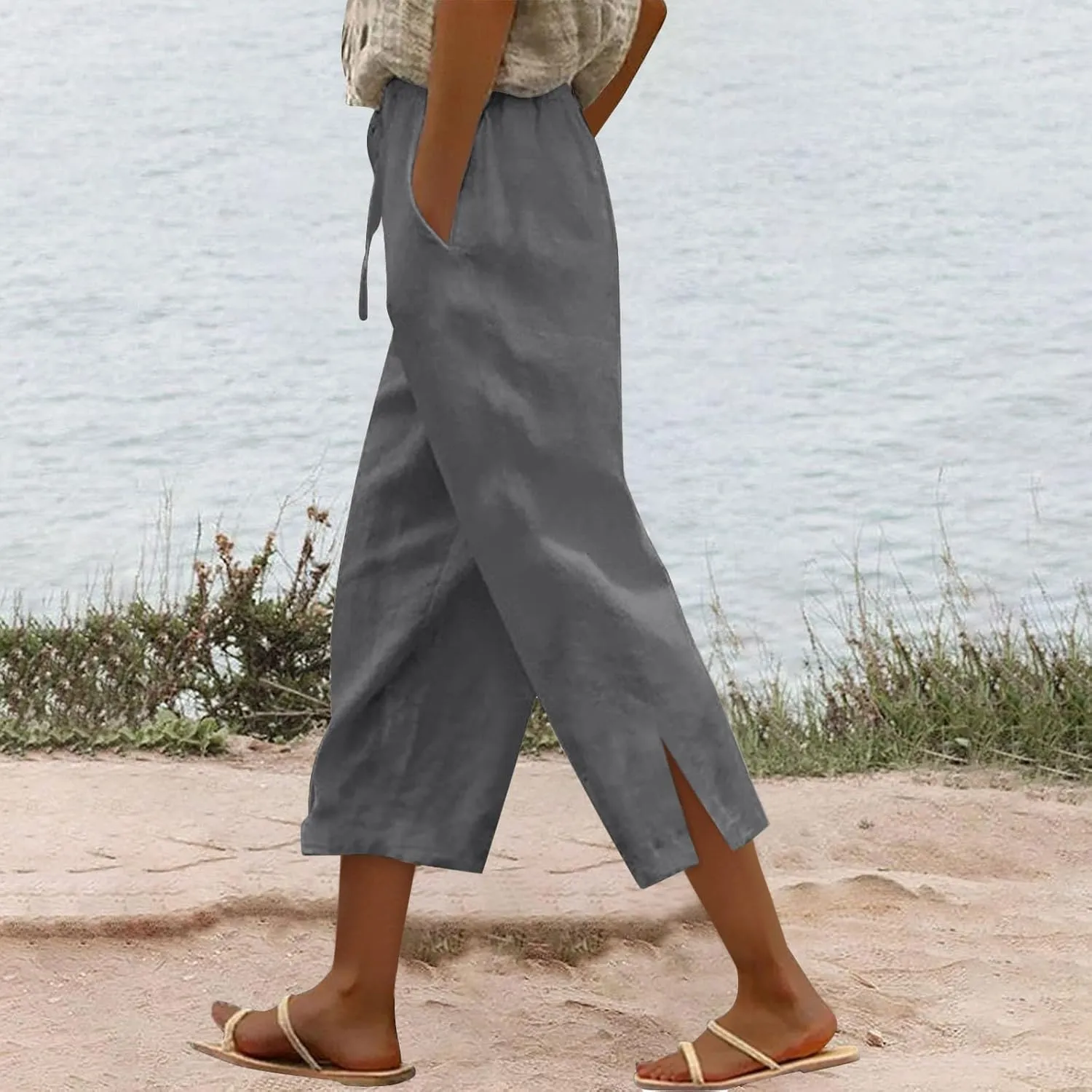 Work Pants Women Solid Color Cotton Linen Elastic Seven Pants Beach Plus Size Trendy Striped Spring Summer Gauze Pants