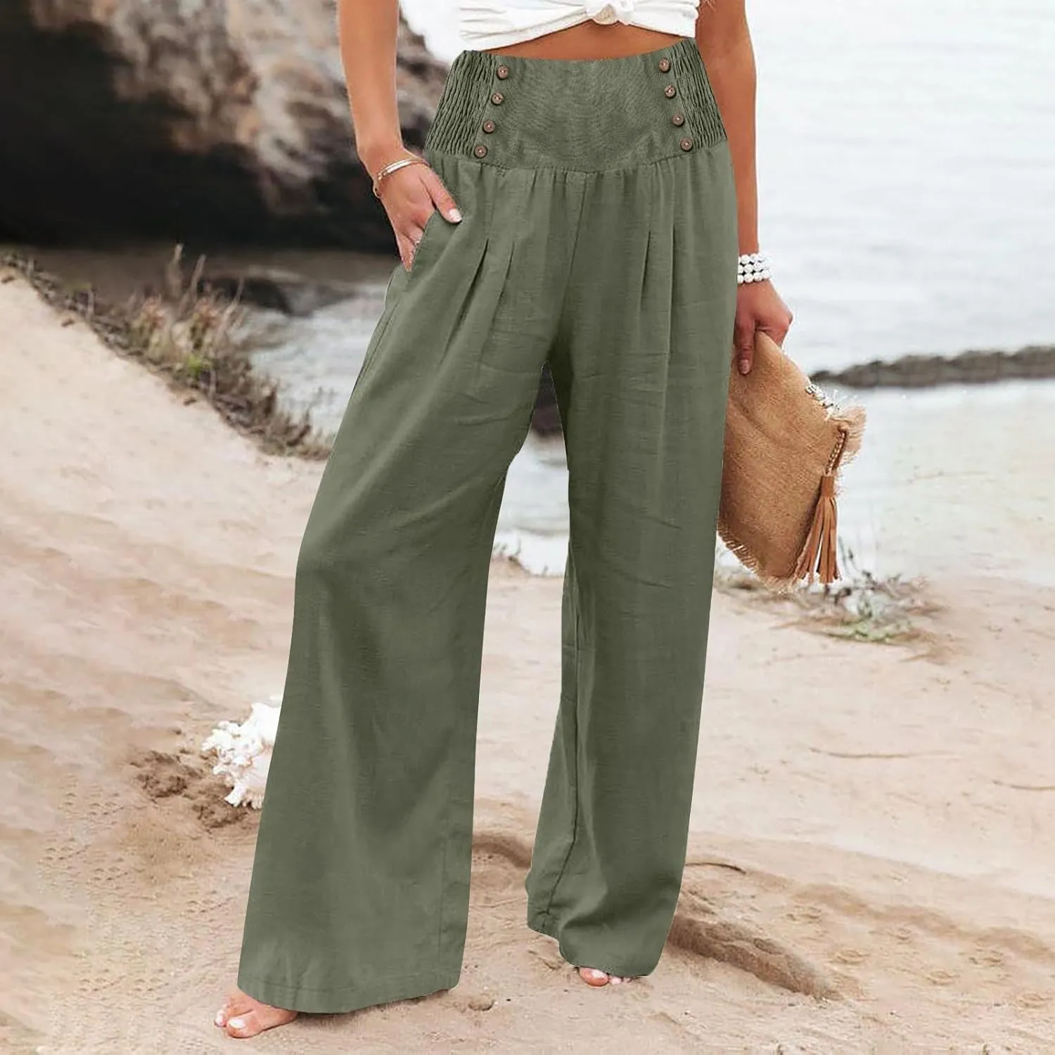 YUTANRAL Linen Pants for Women Summer High Waist Stretch Drawstring Wide Leg Pants Fashion Casual Palazzo Pants with Pockets