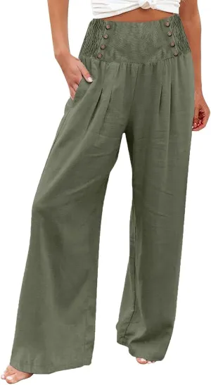 YUTANRAL Linen Pants for Women Summer High Waist Stretch Drawstring Wide Leg Pants Fashion Casual Palazzo Pants with Pockets