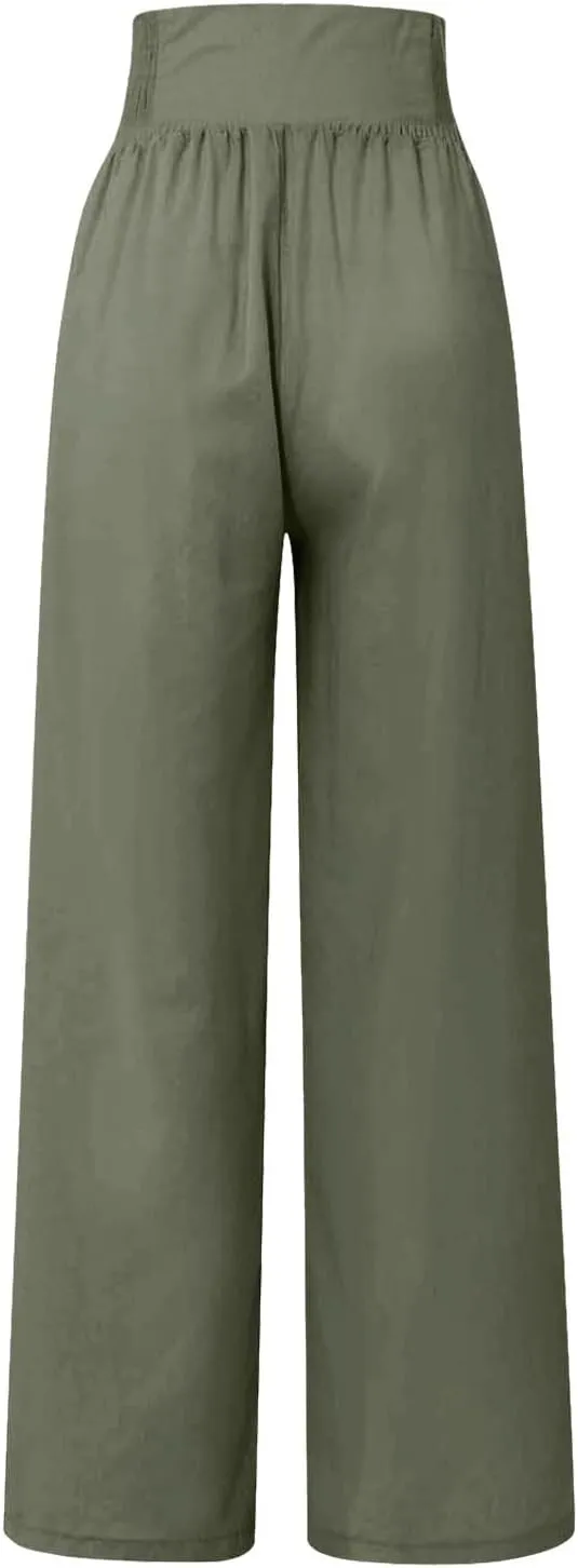 YUTANRAL Linen Pants for Women Summer High Waist Stretch Drawstring Wide Leg Pants Fashion Casual Palazzo Pants with Pockets