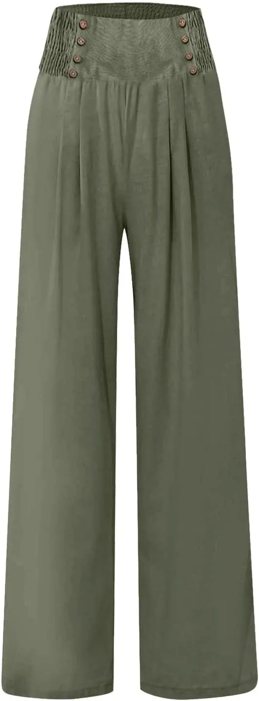 YUTANRAL Linen Pants for Women Summer High Waist Stretch Drawstring Wide Leg Pants Fashion Casual Palazzo Pants with Pockets