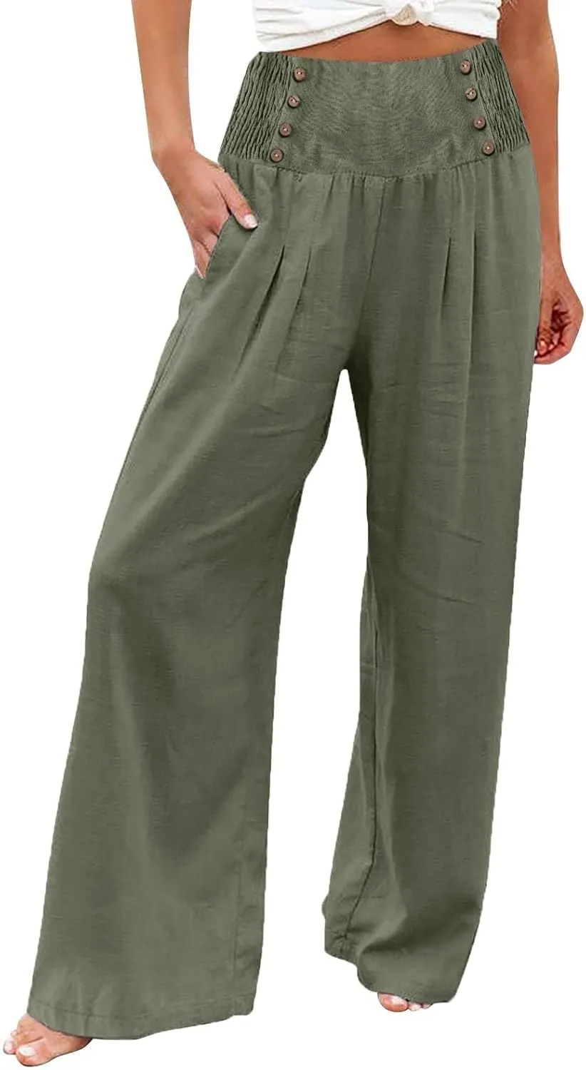YUTANRAL Linen Pants for Women Summer High Waist Stretch Drawstring Wide Leg Pants Fashion Casual Palazzo Pants with Pockets