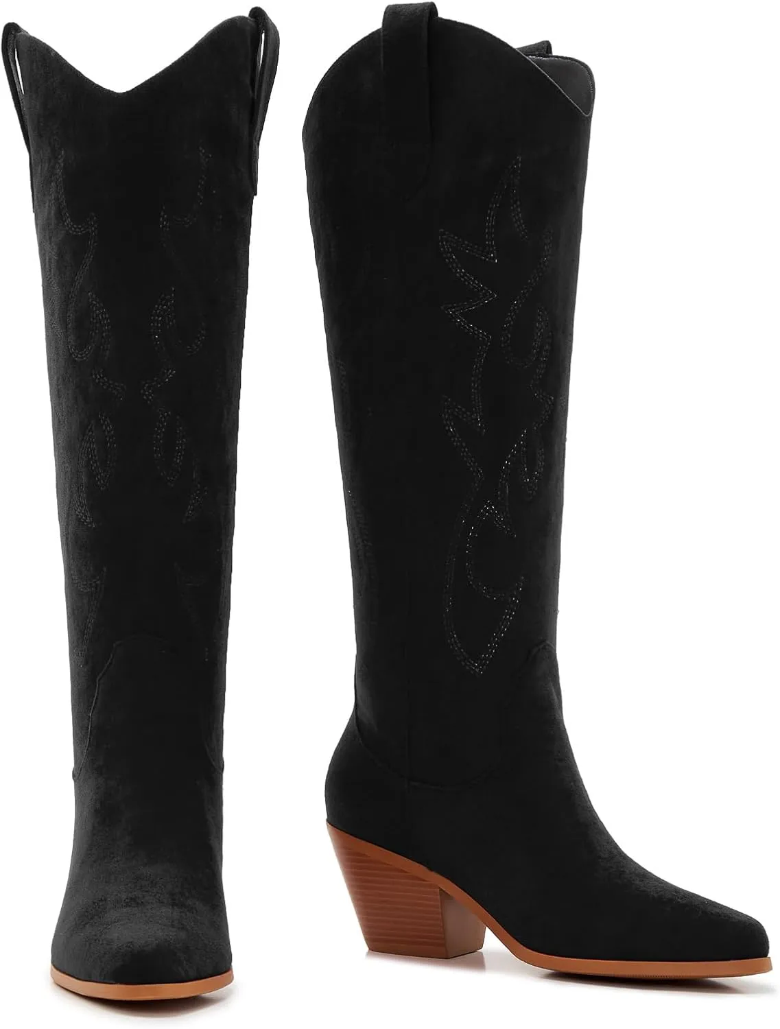 ZXHYZLZ Cowboy Boots For Women 2-Inch Low Heel Comfortable Tall Knee High Western Cowgirl Boots Pointed Toe Botas Vaqueras Para Mujer Classic Embroidered Chunky Heel