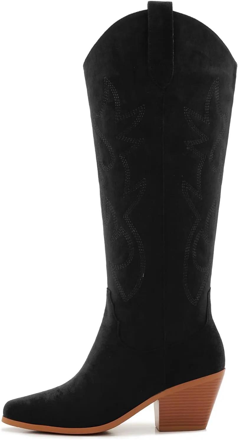 ZXHYZLZ Cowboy Boots For Women 2-Inch Low Heel Comfortable Tall Knee High Western Cowgirl Boots Pointed Toe Botas Vaqueras Para Mujer Classic Embroidered Chunky Heel