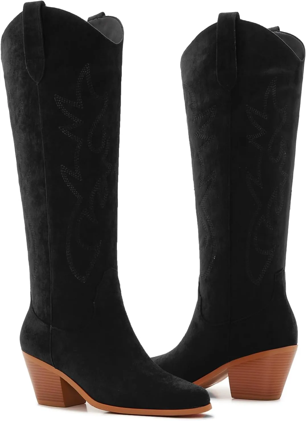 ZXHYZLZ Cowboy Boots For Women 2-Inch Low Heel Comfortable Tall Knee High Western Cowgirl Boots Pointed Toe Botas Vaqueras Para Mujer Classic Embroidered Chunky Heel