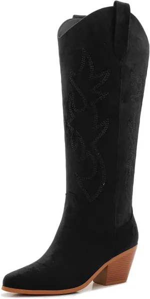 ZXHYZLZ Cowboy Boots For Women 2-Inch Low Heel Comfortable Tall Knee High Western Cowgirl Boots Pointed Toe Botas Vaqueras Para Mujer Classic Embroidered Chunky Heel